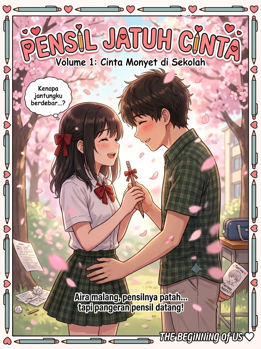 Sampul komik Pensil Jatuh Cinta: Aira dan pangeran pensil di bawah pohon sakura